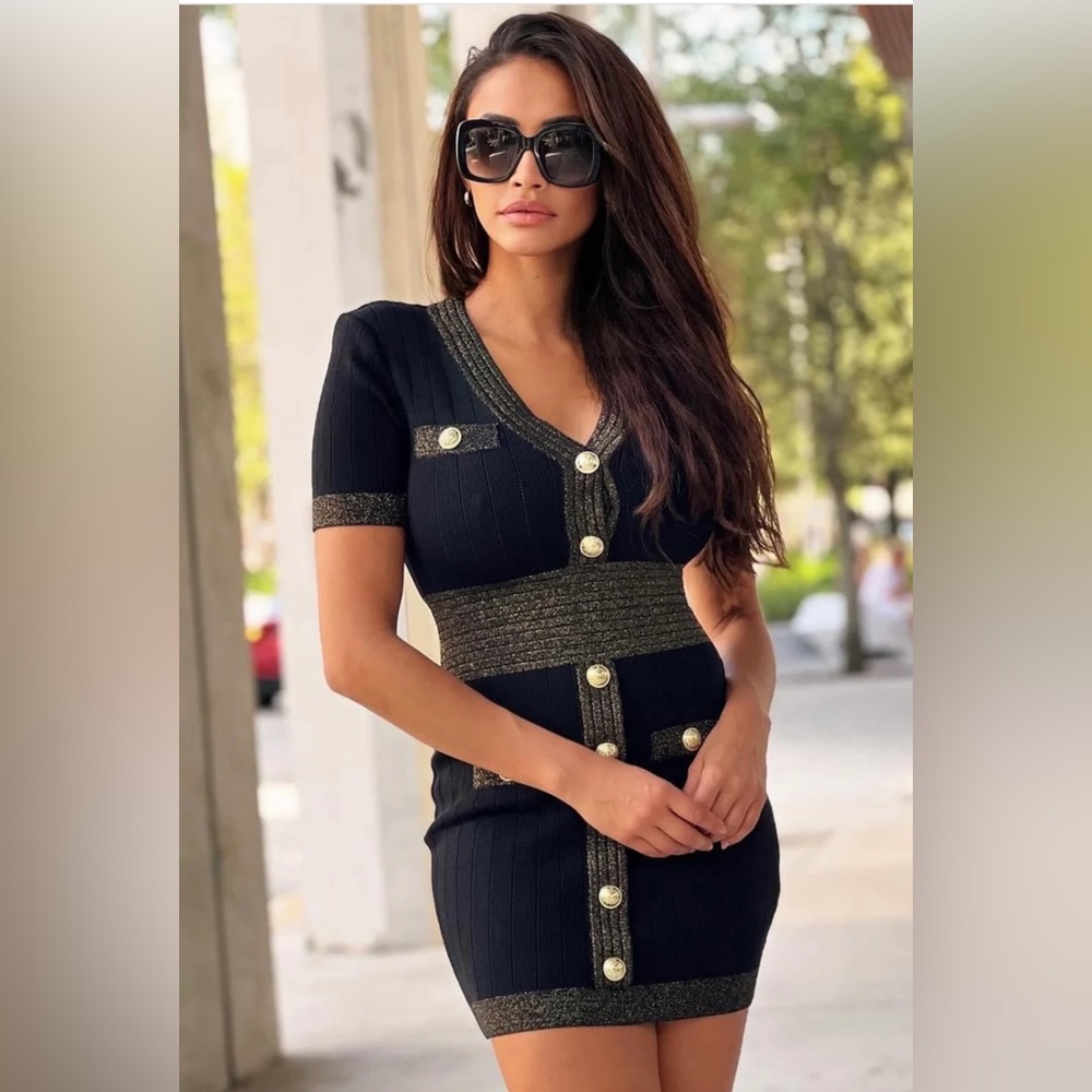 Jessica Bara Elizabeth Short Sleeve Gold Button Mini Dress